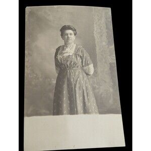 Antique RPPC Standing Lady in Pretty Dress Lace Collar Azo Stamp Rectangle